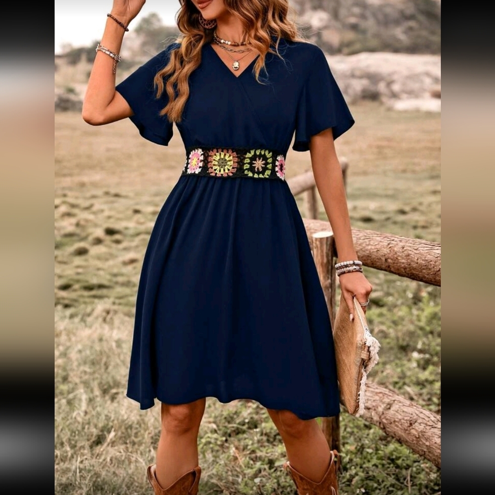 Elegant Navy Blue Dress with Floral Belt